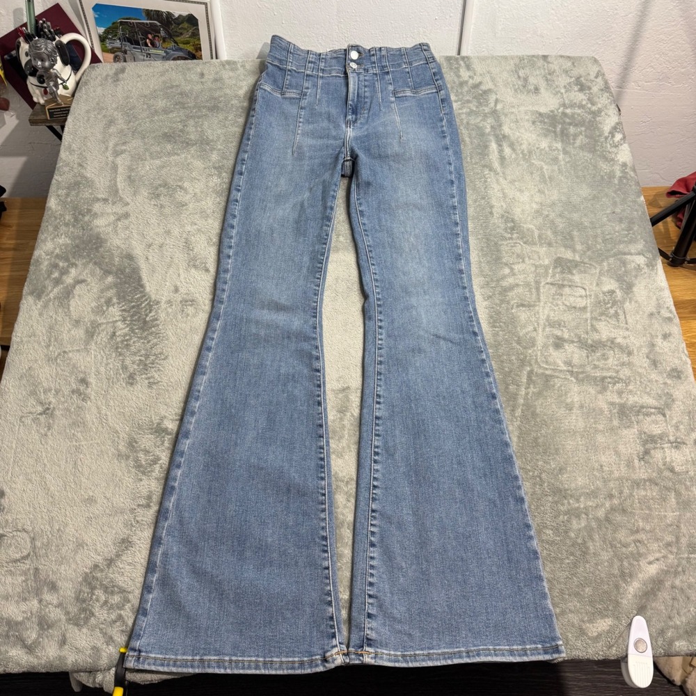 We The Free People High Rise Flare Jeans Blue Denim Bell Bottoms Size 27